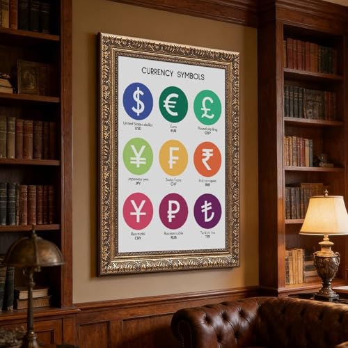 What Are The CURRENCY SYMBOLS Currency Chart Poster Educational Posters Money Poster Math Rules Classroom Decor Canvas for Elementary Middle School Classroom Education Retro Gold Frame24"L X 36"W