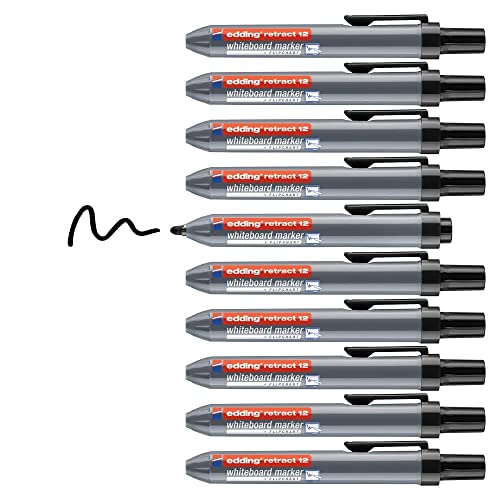 Edding retract 12 Whiteboard Marker Pen - Black - 10 Pens - Round Tip 1.5-3mm - Capless - For One Hand Use on Whiteboard, Magnetic, Cork, Memo and Easel