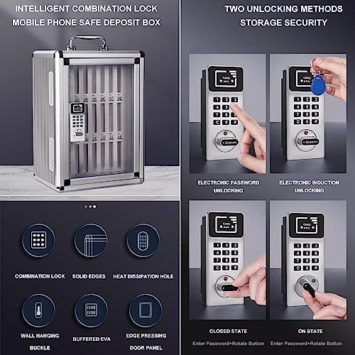 24/36/48/60/72 Slots Smart Password Cell Phone Cabinet Aluminum Alloy Pocket Chart Storage Locker Box with Portable Handle Key Lock & Handwritten Tags for Classroom Office Gym (Color : Silver, Size