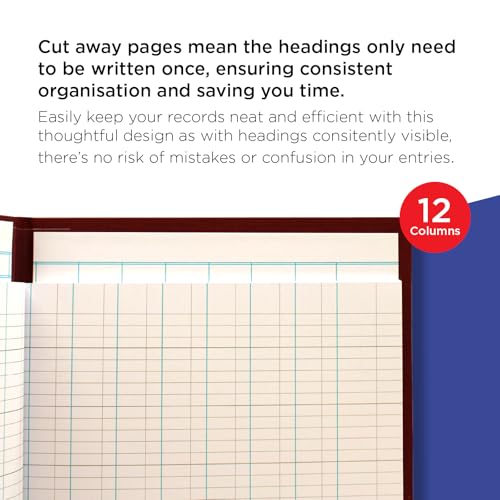 Exacompta - Ref 38/12Z - Guildhall - Headliner Case Bound Hardback Account Book, 298 x 203mm, 12 Cash Column, 80 Pages, Tamper-Proof, Precision Ruled 95gsm Ledger Paper - Burgundy