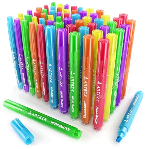 ARTEZA Highlighters, Bulk Set of 60 Neon Colors with Broad & Narrow Chisel Tips, Quick-Dry Smear-Resistant Ink for Office, Journaling, Planning & Notes