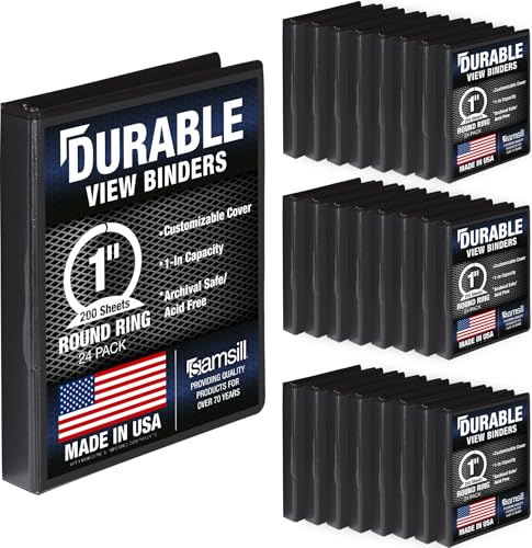 Samsill Durable 1 Inch Binder Black Round Ring Binder/Customizable Clear View Binder/Bulk Binder 24 Pack/Black 3 Ring Binder/One Inch Binder