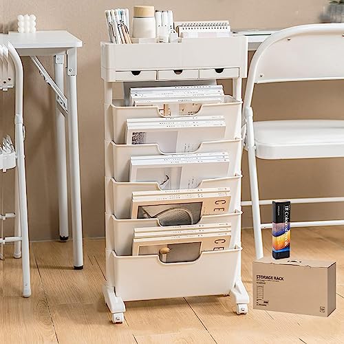 SXHEYUY 6 Tier Book Rack Storage Bookshelf, Movable Unique Bookcase, Book Shelf Tall Narrow with Colored Pencils for Bedroom Office Children Students in Bedroom Living Room,White,with Drawers