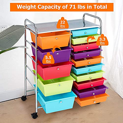 Topment Plastic Boxes 15 Drawer Rolling Organizer Cart Utility Storage Tools Scrapbook Paper Multi-Use (Multicolor)