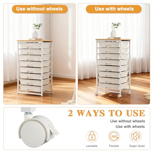 Rolling Cart with 8 Drawers, 8‑tier Drawer Organizer with Wooden Tabletop & Lockable Wheels, Rolling Storage Cart with Drawers for Home, Office, Classroom and Pantry Storage (White)