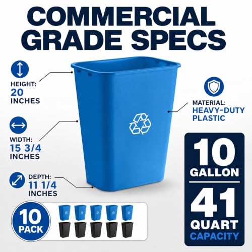 10 Pack, Recycle Wastebasket, 41 Qt./10 Gallon Rectangular Wastebasket / Trash Can Kit - Space Saving Recycling Bin, Narrow Spaces in Commercial, Kitchen, Home, Office, and Dorm - Black and Blue