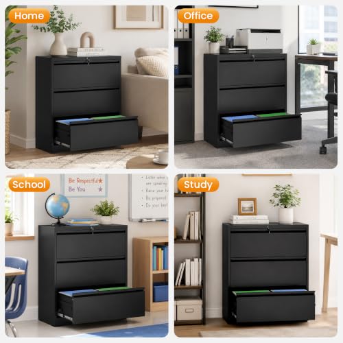 3 Drawer Lateral File Cabinet with Lock, Metal File Cabinets for Home Office, Office Furniture for Organization Hanging Legal/Letter/A4, Metal Filing Cabinet Storage Cabinet, Require Assembly, Black