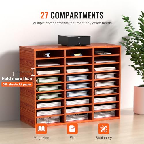 VEVOR 27 Compartments Wood Literature Organizer, Adjustable Shelves, Medium Density Fiberboard Mail Center, Office Home School Storage for Files, Documents, Papers, Magazines, Brown