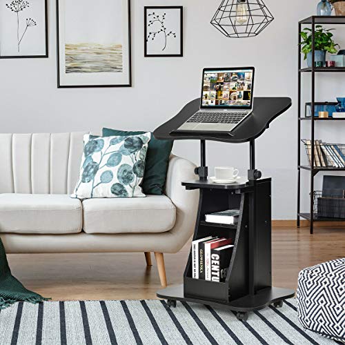 DORTALA Laptop Cart, Height Adjustable, Podium Desk Stand, w/Wheels, Sit-to-Stand Rolling Stand Laptop Desk Cart, w/Swivel Top and Storage, Ideal for Home Office, Black