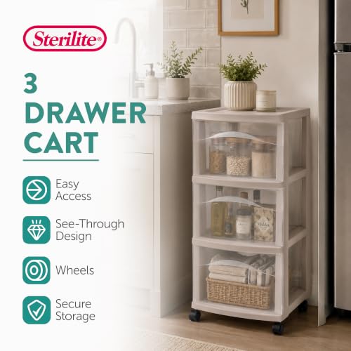 Sterilite 3-Drawer Cart with Wheels for Bedroom and Dresser, 4-Pack