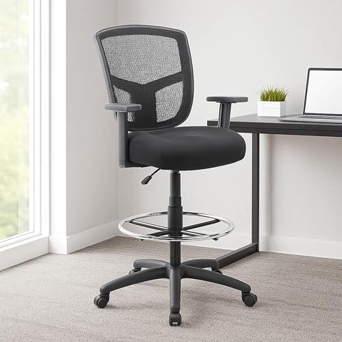 Benzara MEA Drafting Stool Chair, Adjustable Arms, Black Mesh, Chrome Footring