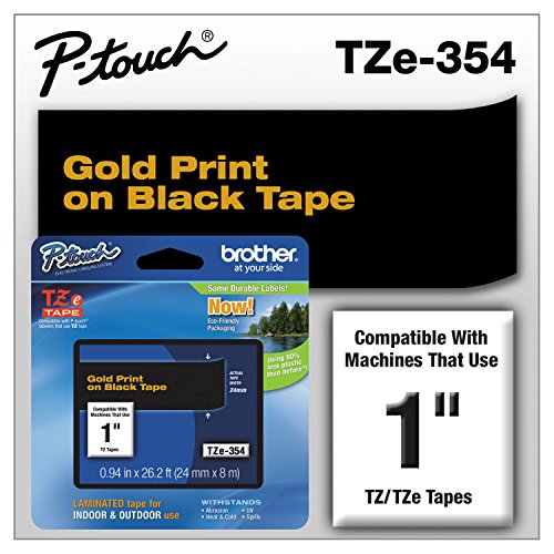 Brother TZE354 TZe Standard Adhesive Laminated Labeling Tape, 1-Inch w, Gold on Black