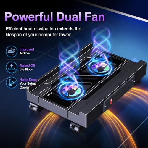 Hovadova Computer Tower Stand with Dual Cooling Fans and Charging Station