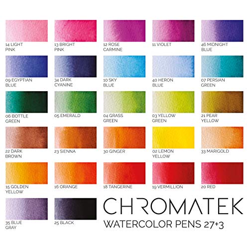 CHROMATEK 30 Watercolor Brush Pens | 15 Page Tutorial Pad & Online Video Series | Brush Tips | Vivid, Blendable Professional Artist Quality | 27 Colors | 3 Aquapens | Complete Water Color Painting Set