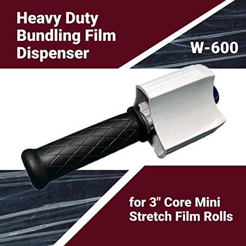 IDL Packaging Stretch Wrap Dispenser for Mini & Bundling Film Rolls, 3” Core – Handheld Shrink Wrap Handle with Adjustable Tension, Heavy-Duty Plastic Film Dispenser with Rubber Grip