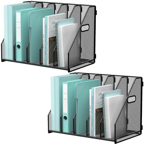 Gawerk 2 Pack Desktop File Magazine Folder Holder 5 Vertical Compartments, Desk Organizer Vertical Magazine Folder Organize with Side Handles, for Office Home School, Black