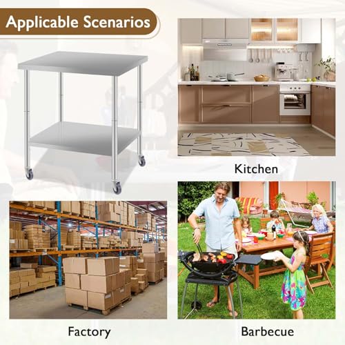 HRVEOCEI 30'' W x 24'' D Stainless Steel Table with Wheel,Heavy Duty Commercial Prep & Work Table for Commercial Kitchen, Restaurant, Hotel and Garage