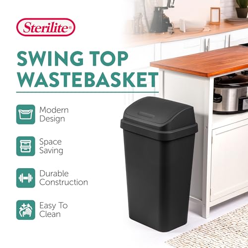 Sterilite Swing Top Wastebasket, Trash Can, 13 Gallon, Black, 12-Pack