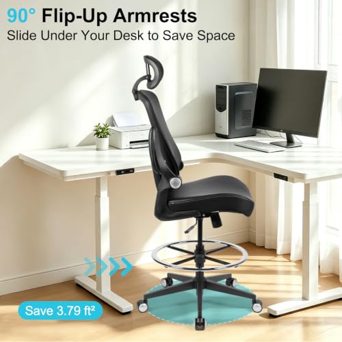 Drafting Chair 400lbs Tall Office Chair Heavy Duty Ergonomic Standing Desk Chair with Adjustable Lumbar Support, Flip-Up Armrests, Footrest Ring and Headrest