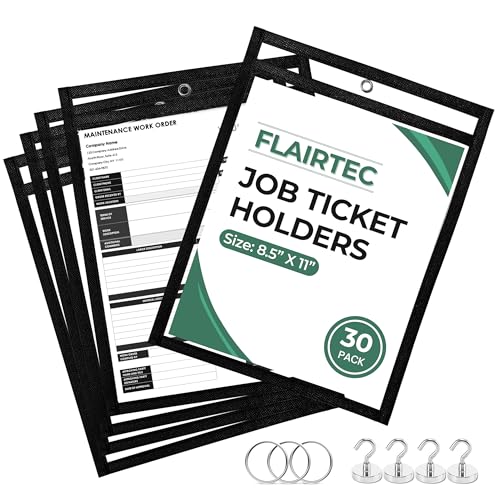 Job Ticket Holders 10x14 - (30 Pack) 8.5x11 Letter Size | Reusable Dry Erase Pockets Black with Metal Rings & Hooks | Durable Clear Shop Sleeves for Work Order | Perfect for Classrooms
