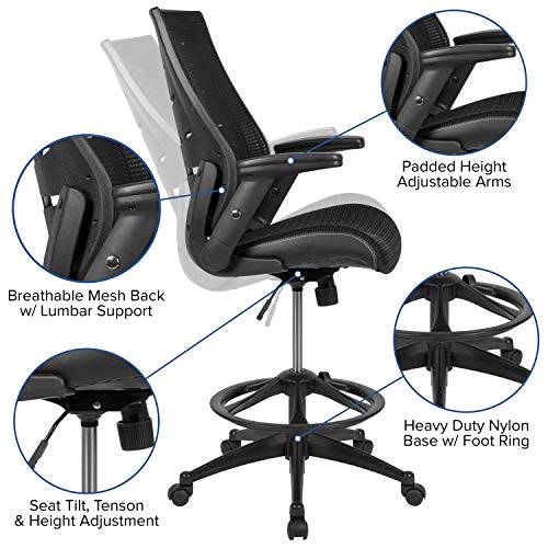 BizChair High Back Black Mesh Spine-Back Ergonomic Drafting Chair with Adjustable Foot Ring and Adjustable Flip-Up Arms
