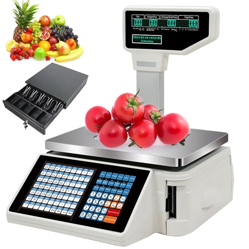 Weight Calculator Barcode Scale,Label Printing Scale,Digital Price Computing Scale,30kg/66lbs Capacity,Food Scale With Thermal Printer,Machine+Cashbox
