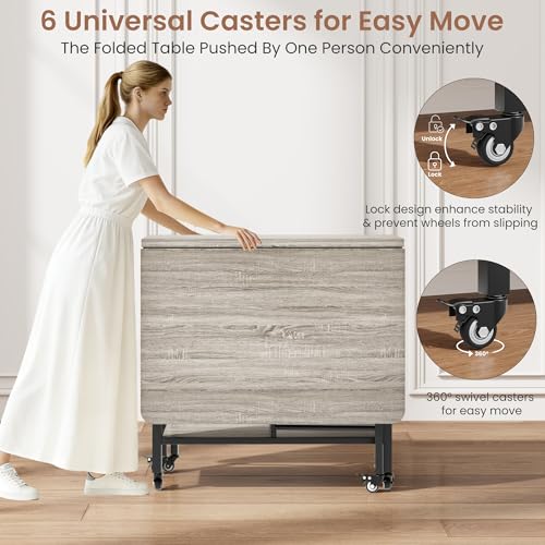 GarveeHome Folding Dining Table and Chairs Set, Drop Leaf Foldable Kitchen Table with 4 Chairs, Folding Dinner Table Set with Storage & Lockable Wheels, Space Saving, for Kitchen or Dining Room, Gray