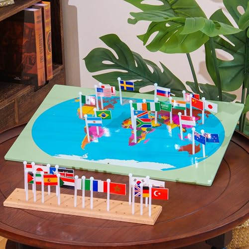 Premium Montessori World Flags Set with 22" Wooden Map- 36 Country Flags, Solid Beechwood, Educational Toy for Kids, Homeschool Classroom Geography Materials(Flags of The World) (Flags of the World)