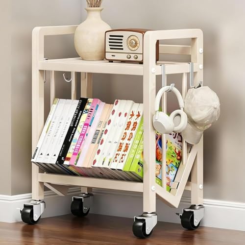 Rolling Book Cart with Wheels, Multi-Layer Storage Rack, Large-Capacity Rolling Cart L-Shaped Carbon Steel Shelf for Teacher Classroom Office Home(White,35.4x9.8x20.9in)