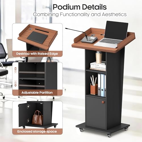 Baoz 15° Tilted Podium Stand with Storage & Lockable Wheels (Black Brown)