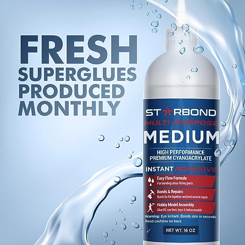 Starbond Medium CA Glue Complete Refill Kit (16 oz) – Cyanoacrylate Super Glue Refill System with Extra Bottles, Caps, Microtips & Yorker Spout for Woodworking, Carpentry, Quick Repairs & Hobby Builds