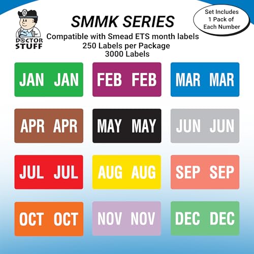 Doctor Stuff - File Folder Month Labels, Complete Set of January - December, Compatible with Smead SMMK Series Stickers, 1/2" x 1", 1 Each of 12 Packs, 250/Pack