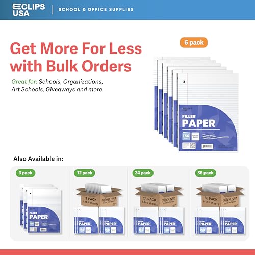 Loose Leaf Paper College Ruled Notebook Paper College Ruled Lined Paper Writing Paper Filler 10.5” x 8” 900 Sheets 150 Sheets Per Pack 60 gsm (6 Pack)