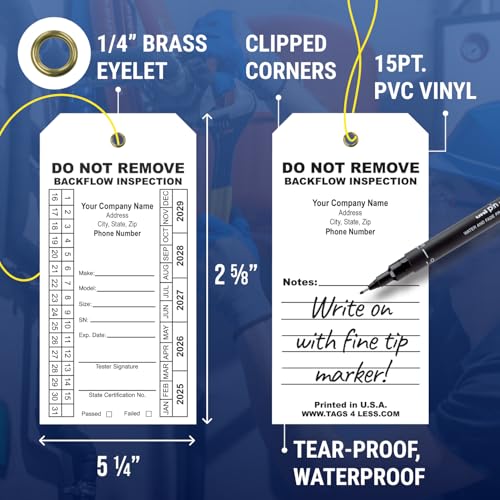 Tags 4 Less Custom Printed Backflow Inspection Tags – 2 5/8" x 5 1/4" Maintenance Record Tag for Backflow Test, Waterproof Heavy Duty Vinyl Plastic for Record-Keeping (Choose Color, Pack of 100)