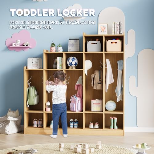 GarveeTech 5-Section Wooden Kids Coat Locker with 9 Storage Cubbies & 10 Hooks, Child-Safe Anti-Tip Kids Storage Organizer for Daycare, Kindergarten, Nursery, School, Playroom & Home