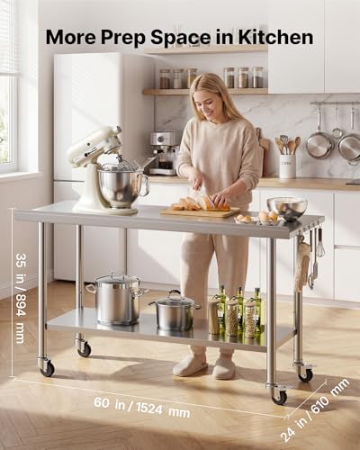 VEVOR Stainless Steel Work Table, 24x60 inch Food Prep Table with Wheels and Backsplash, Commercial Kitchen Workstation with Adjustable Undershelf, Metal Utility Worktable, for Restaurant Home Outdoor