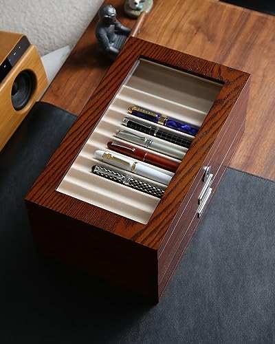 Besforu wood pen display case 36 slot Fountain pen Box storage Organizer with drawer, Top Glass Window Pen Collection Display Case