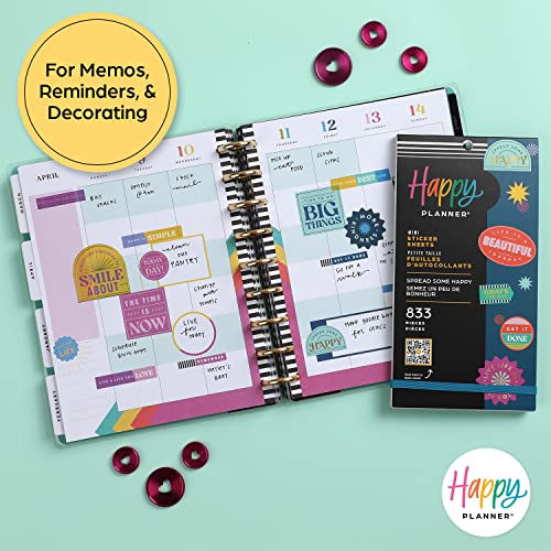 Happy Planner Sticker Pack for Calendars, Journals, and Diary Planners, Multicoloured Scrapbook Accessories, Spread Some Happy Theme, Mini Size, 30 Sheets, 833 Total Stickers