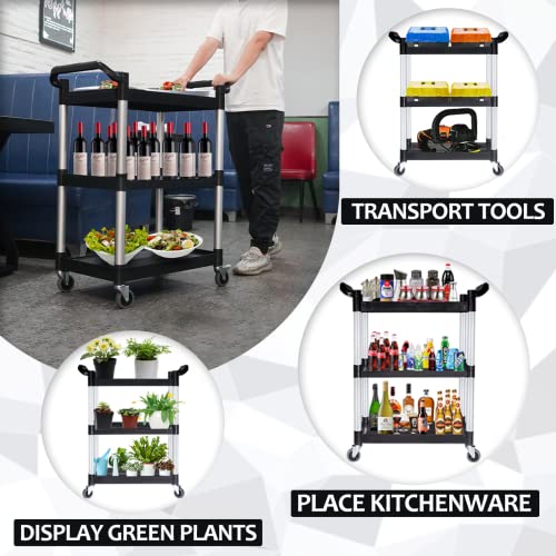 BRLJUNEO Plastic Utility Carts with Wheels, Heavy Duty 510lbs Capacity Rolling Service Cart, 3-Tier Restaurant Food Cart with Hammer for Office, Warehouse, Garage (2 Lockable Wheels, Black)