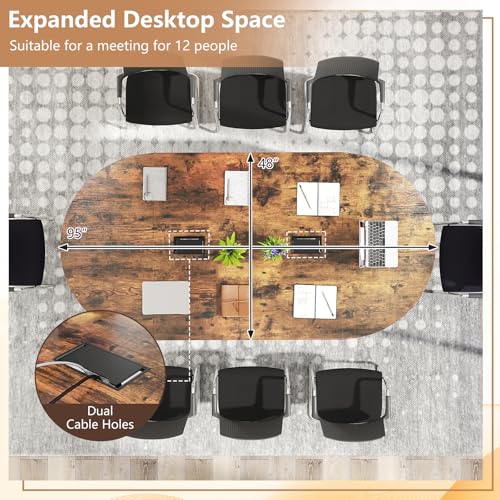 Nightcore 8 FT Oval Conference Table, 95" x 48" x 30" Large Meeting Table with Cable Holes and Strong Metal Frame for Office, Business Style Training Table for 12 People, Rustic Brown & Black