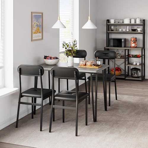 TrailBlaze Space-Saving 4-Piece Office Desk and Chair Set – Industrial Style, Sturdy Metal Frame, Wooden Tabletop, PU Leather Seats – Ideal for Small Workspaces, Dining Rooms, Apartments – Brown/Grey