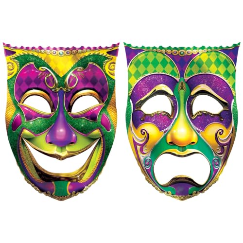 Casafoyer 2 Piece 24.75" x 18.25" Jumbo Foil Covered Cardstock Paper Comedy & Tragedy Faces Cut Outs for Mardi Gras Party Decorations - Pack of 2