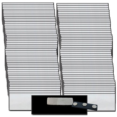 Magnetic Name Tags/Badges with Super Strong Neodymium Magnetic Fasteners UNATTACHED - 100 Pack Kit Includes Crystal Clear Gloss Printable Labels - Silver Name Tags with Beveled Edges 1 x 3 Inch