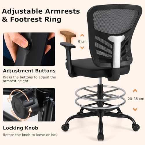 BECOMFORT Drafting Chair with Footrest Ring, Ergonomic Mesh Office Chair