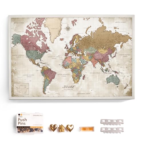 Canvas World Map with Cork Pin Board - English Lettering - Decorative Wall Decoration for All Rooms - Canvas Pictures with World Map Motif (90x60 cm, Pattern 20)