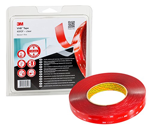 VHB 3M 4910F Double Sided Adhesive Tape - Clear Construction Allowing Joining of Transparent Material and virtually Invisible bondline - 19mm x 11m, Thickness 1.0mm, Clear (1 Roll)