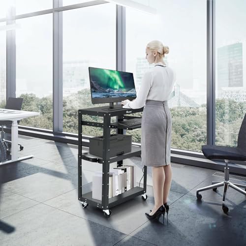 YITAHOME AV Cart with 16.4ft Cord, Keyboard Tray & 2 Locking Brakes Black