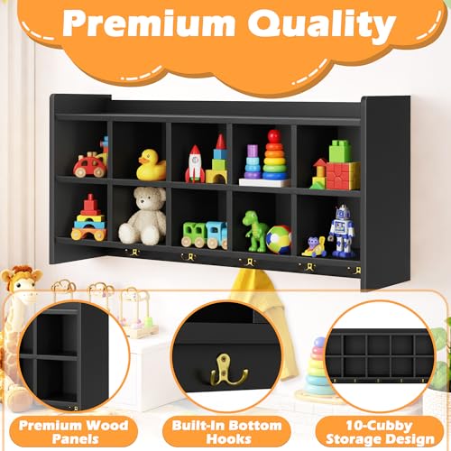 Verssure Wall Cubbies, 10 Cubby Storage Organizer with Coat Hooks, Cubbies for Classrooms,Wooden Cubby Shelf for Toys, Bags and Books, Used in School, Gym, Daycare Storge (Black)