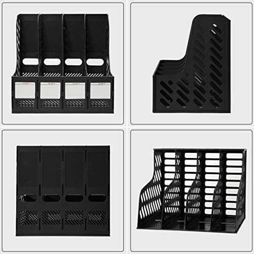 VRFTGHYJU 4 Compartment A4 Plastic File Organiser - Desktop Office Storage Rack, Folder Holder with Dividers for Home, School, Kitchen(Black)
