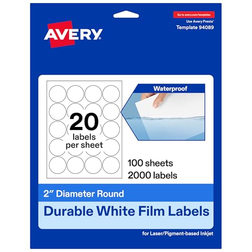 Avery Durable White Round Waterproof Labels, 2" Diameter, Laser/Pigment-Based Inkjet Printer Compatible, 2000 Printable Labels Total, Great for Branding, Packaging, and More